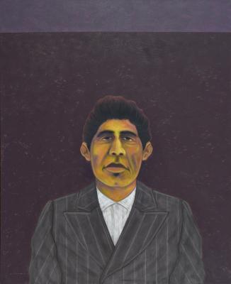Painting of man in dark pin striped coat, dark background behind figure.