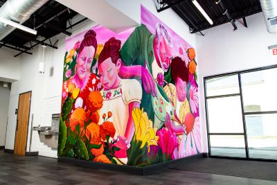Two murals. 1. Three figures embracing in a garden of flowers. 2. two sets of grandparents and children in a garden of flowers.