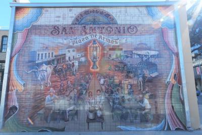 Historic and architecture inspired plaza scene tile mural created from 972 tiles.