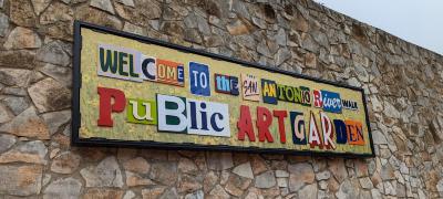 Title wall for River Walk Public Art Garden