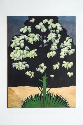 White abstract flowers against a dark grey and black sky and brown landscape.