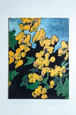 Yellow abstract flowers and leaves against a blue sky.