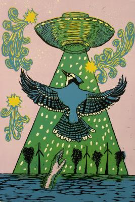 A blue bird in the foreground with a green spaceship behind it, and a hand emerging from the water beneath.