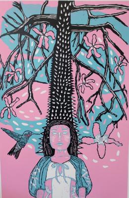 A woman with a large tree rising from the top of her head with flowers and a bird around.
