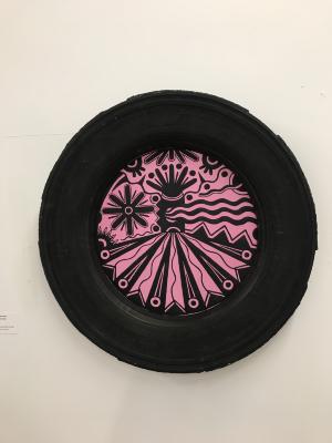 Abstract drawing in black ink on a light pink background.