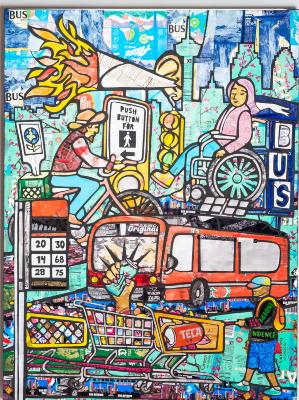 A colorful, aluminum can mosaic depicting various modes of transportation and sustainable efforts including a red bus, a woman on a wheel chair, and a man on a bicycle, a man pushing shopping carts of aluminum cans to recycle.