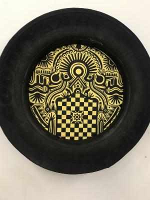 Abstract drawing in black ink on light yellow background, and checkerboard pattern.