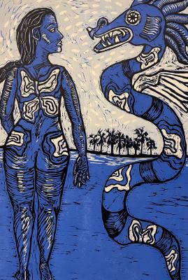 Blue, white and black image of a woman standing next to a snake.