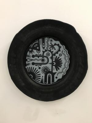 Abstract drawing in black ink on a light blue background.